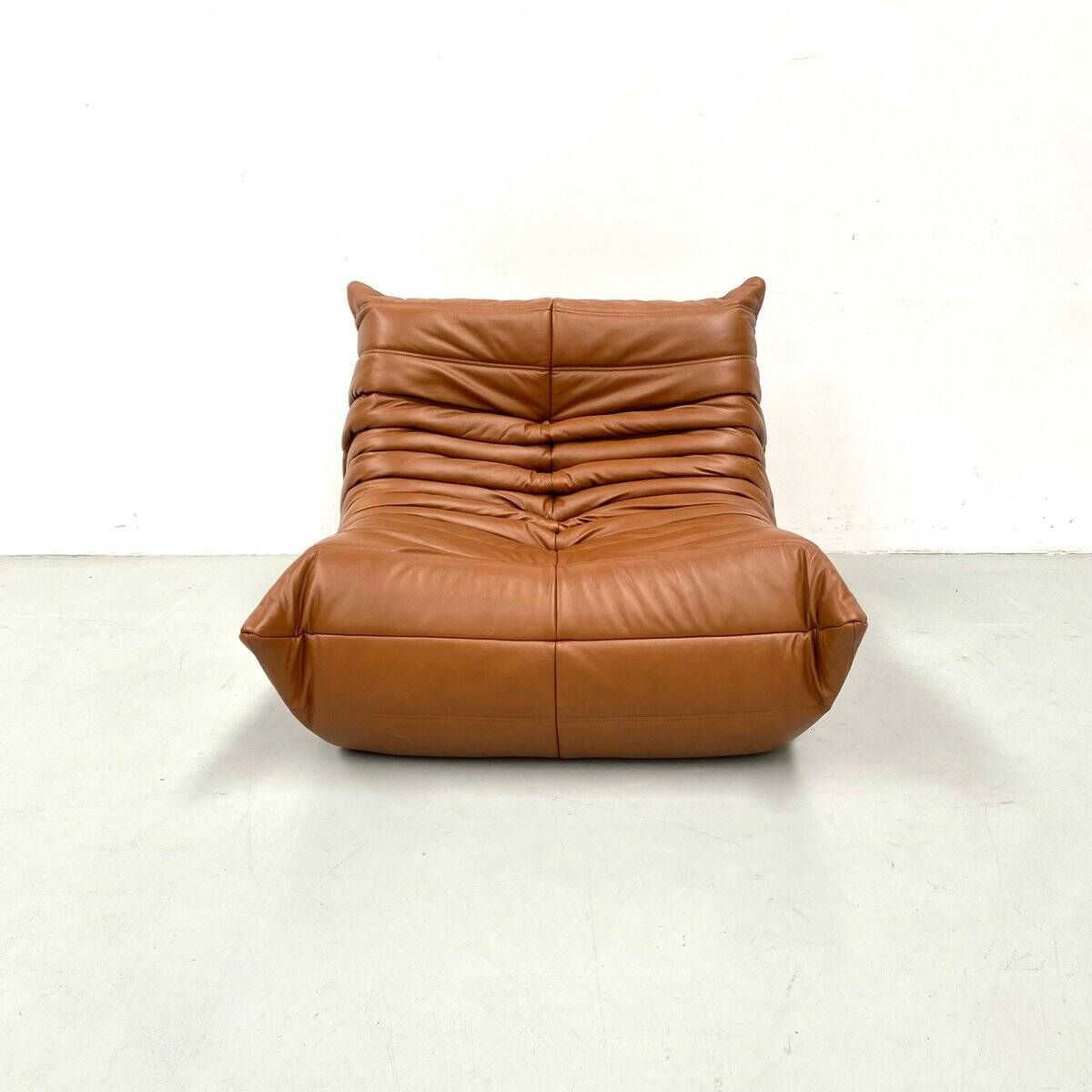 Togo lounge chair in dark cognac leather attributed to Michel Ducaroy for Ligne Roset