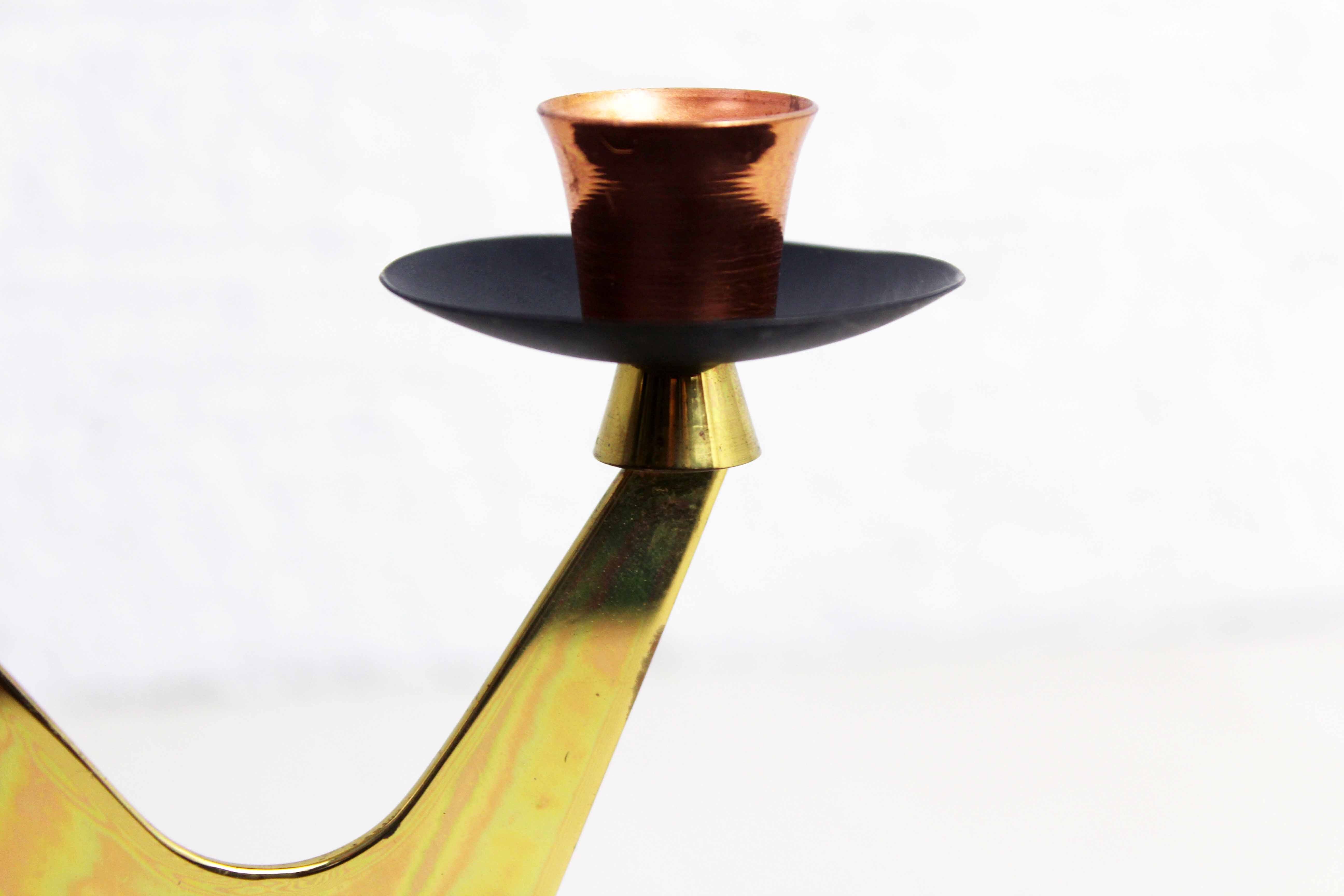 Double teak and brass candle holder