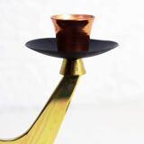 Double teak and brass candle holder