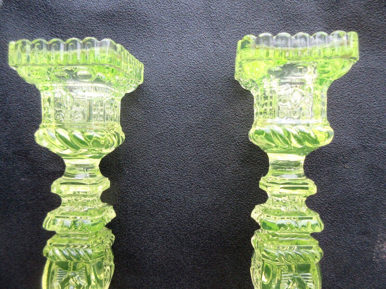 2 old yellow uraline glass candle holders signed portieux