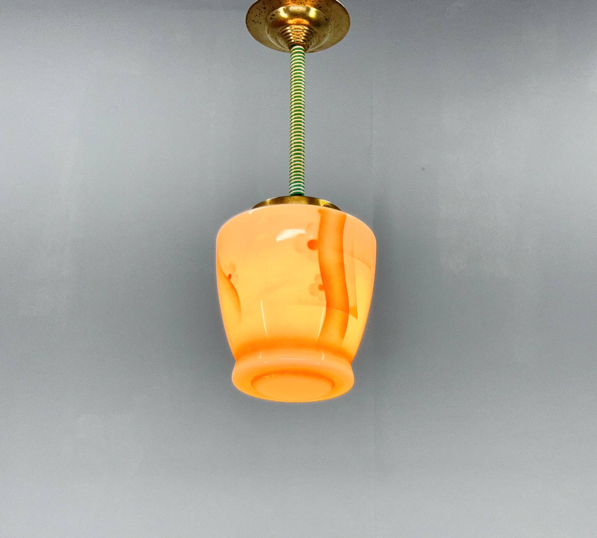 Small Art Deco Brass & Colored Glass Pendant Ligt, Germany 1930's, Restored