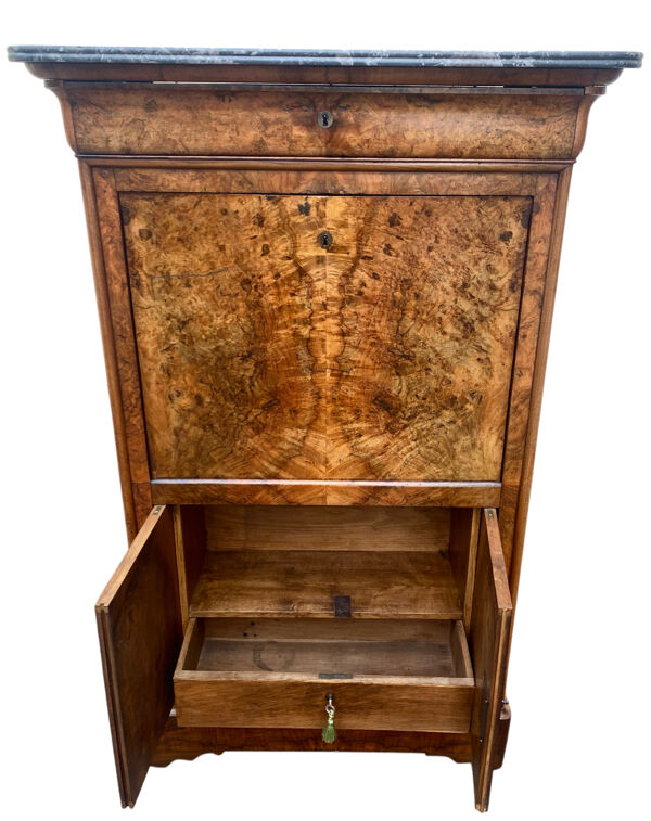 Secrétaire Louis Philippe en ronce de noyer avec plateau marbre
