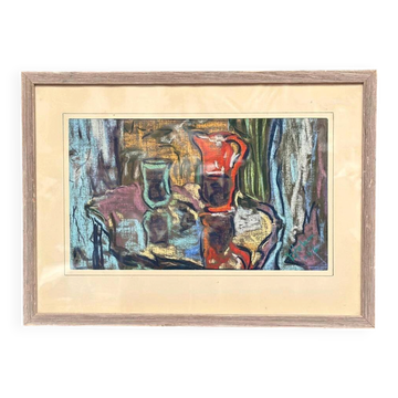 Original Swedish Still Life On Paper — Soft Arrangement By E. Holm — Mid‑Century — Glazed — 37 × 27 Cm (14.6" × 10.6")