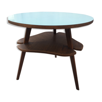 Side table in oak and blue formica