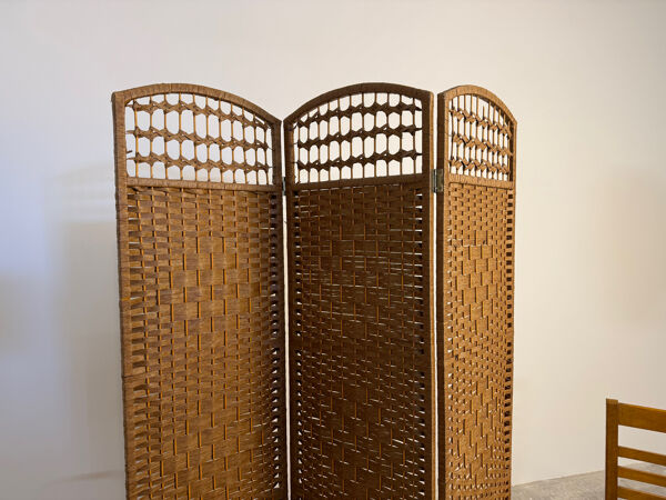 Paravent vintage en rotin et osier tressé – 3 panneaux – années 1970