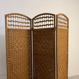 Vintage rattan and woven wicker screen – 3 panels – 1970s