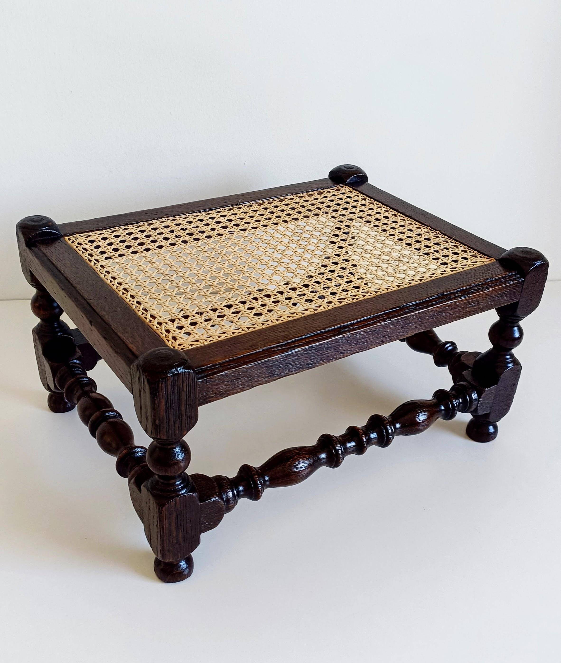 Antique Belle Epoque Oak Wood and Cane Footstool/ Occasional Table, late 19th-C