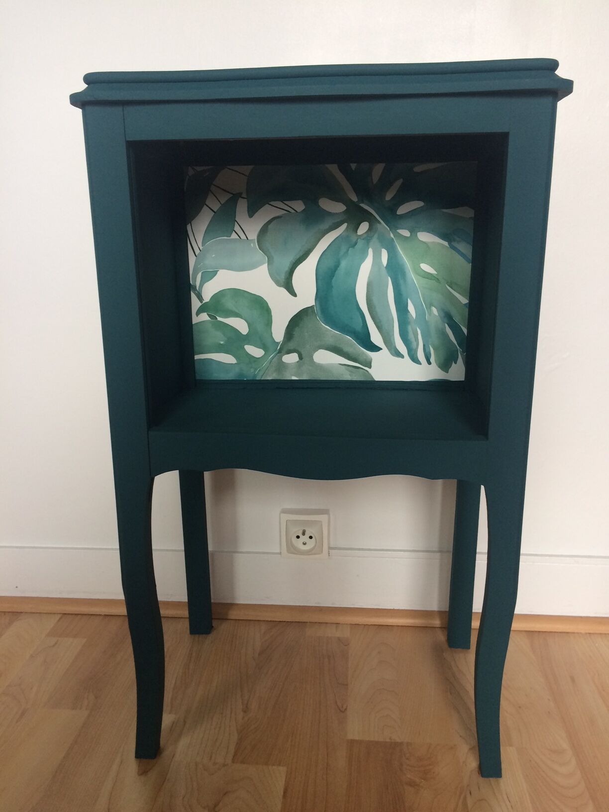 Table de chevet console relookée bleu pétrole