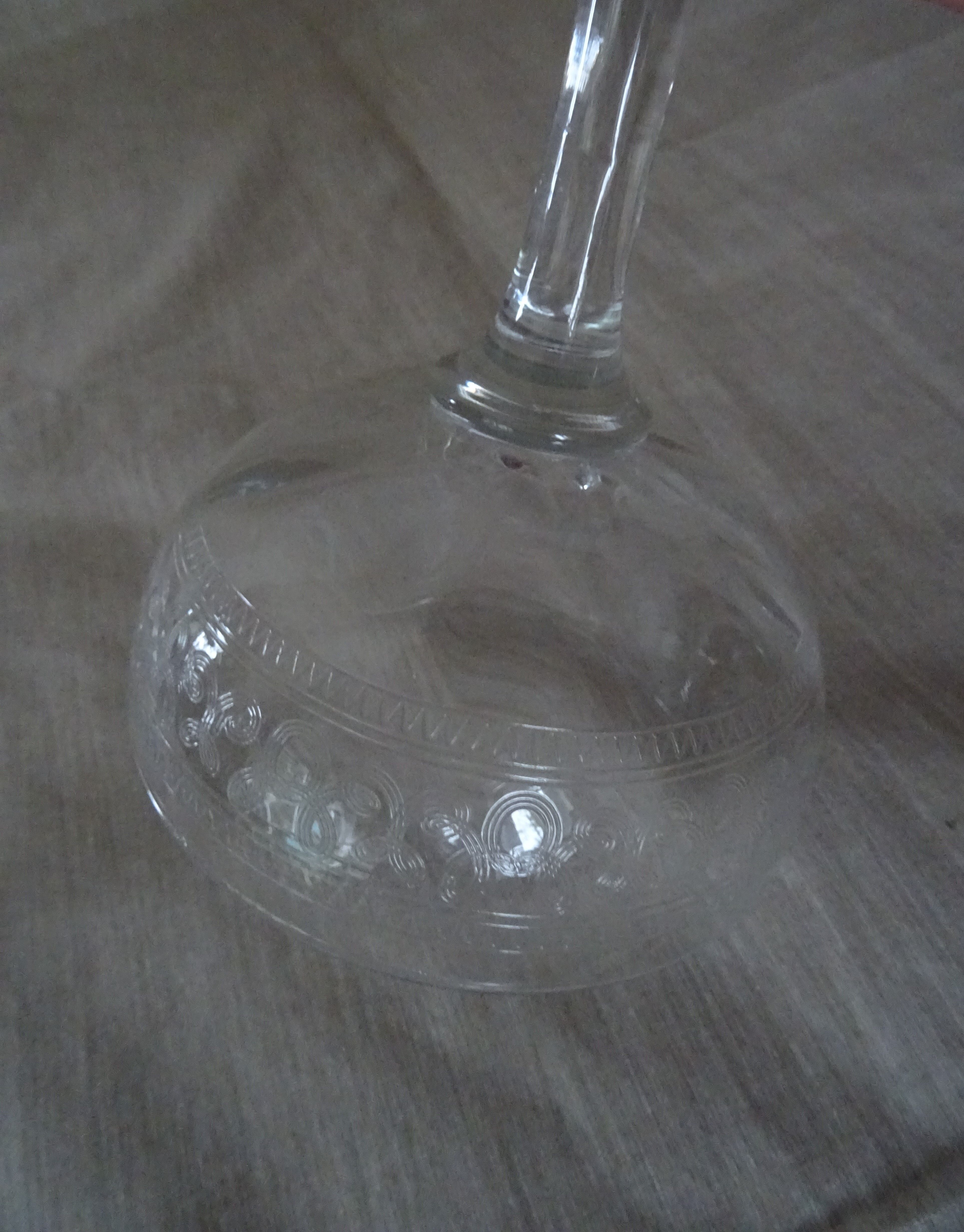 Pair of old crystal champagne glasses wide frieze right foot