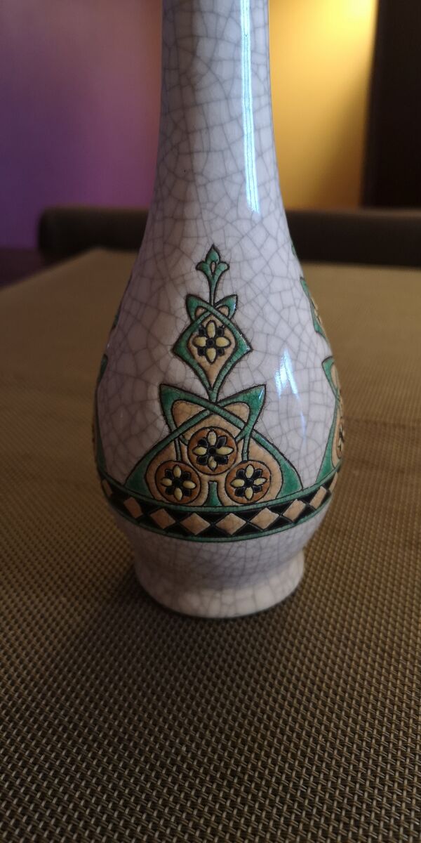 Vase soliflore en céramique craquelée et emaux de Longwy - Art Déco - Années 1930