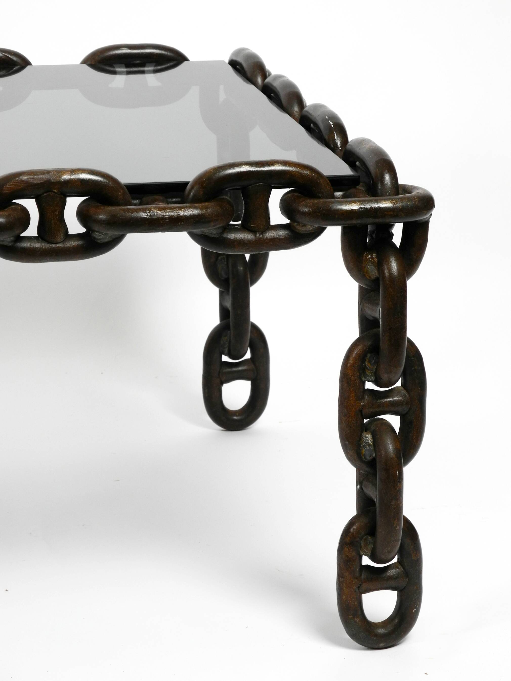1970s XL Coffee Table Made of Nautical Iron Chain and a Thick Smoked Glass
