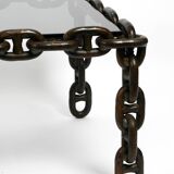 1970s XL Coffee Table Made of Nautical Iron Chain and a Thick Smoked Glass