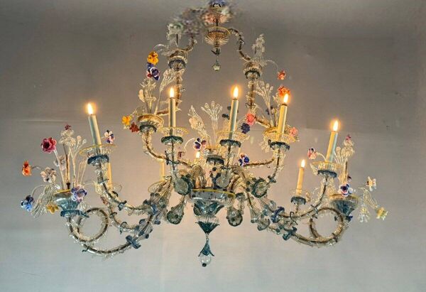 Lustre Rezzonico gondole en verre de Murano multicolore, vers 1900