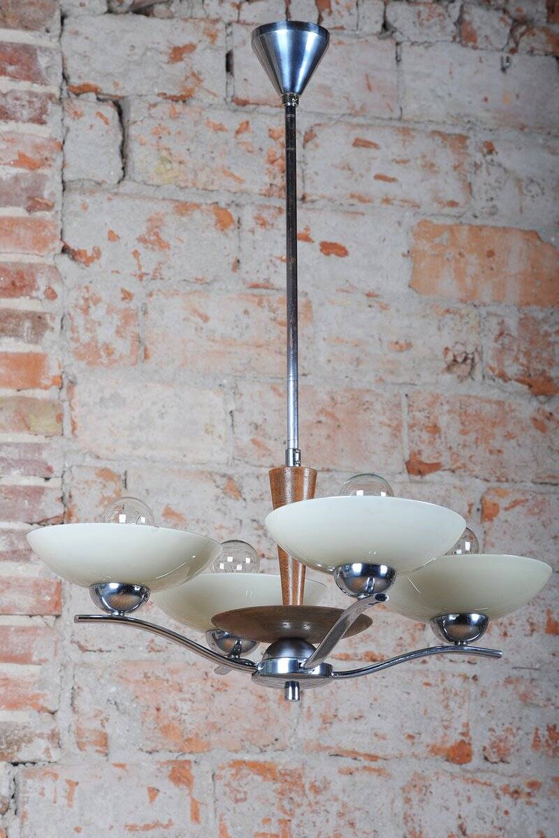 Art Deco Chandelier in Chromed Steel, Beech and Opal Glass, Czech, 1920s