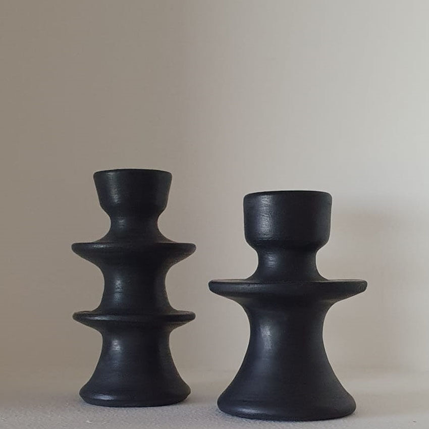 Set of two candlesticks in black tadelakt