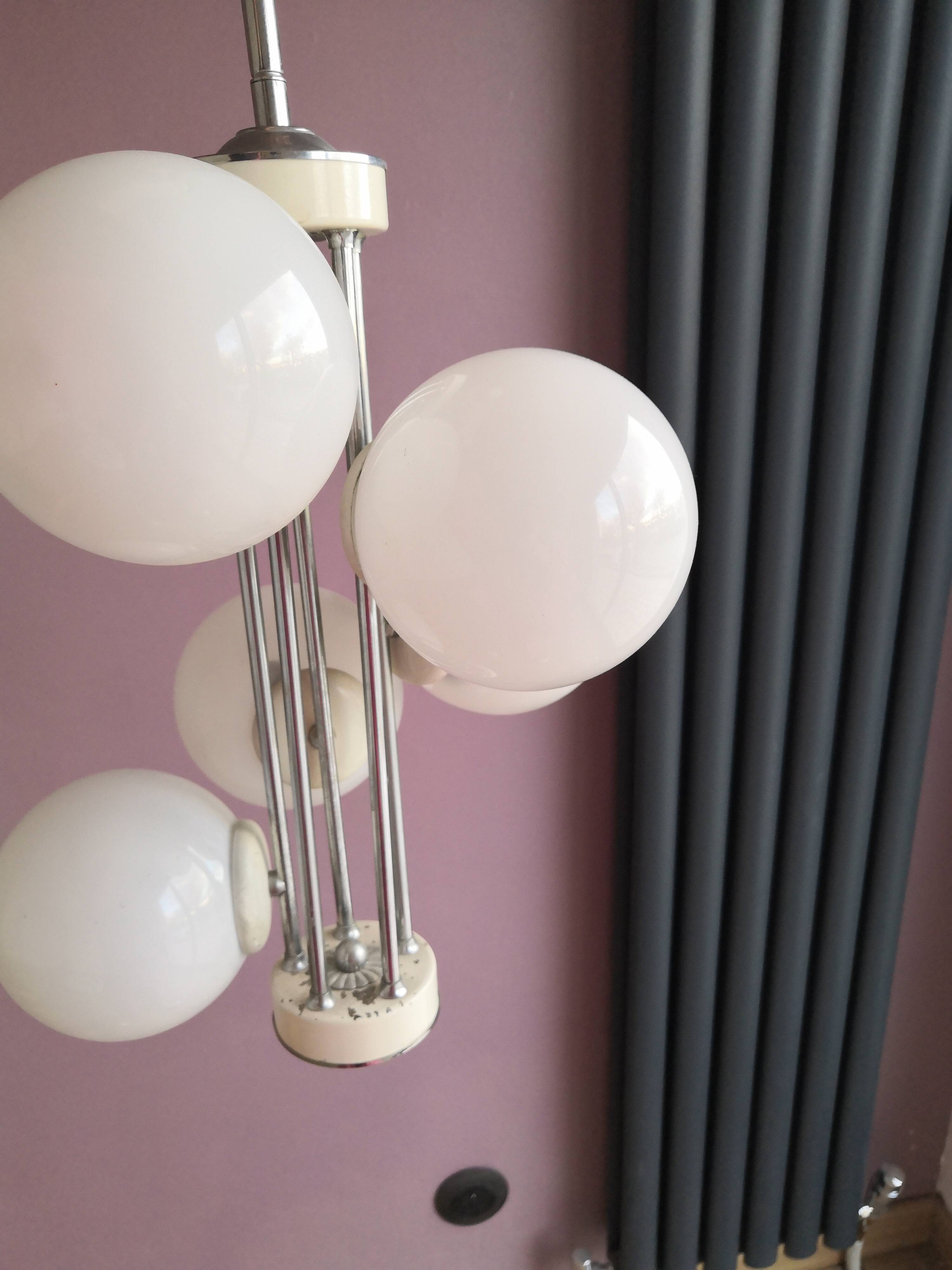 Vintage chandelier 5 opaline glass balls + 2 Space Age Mid-Century wall lights