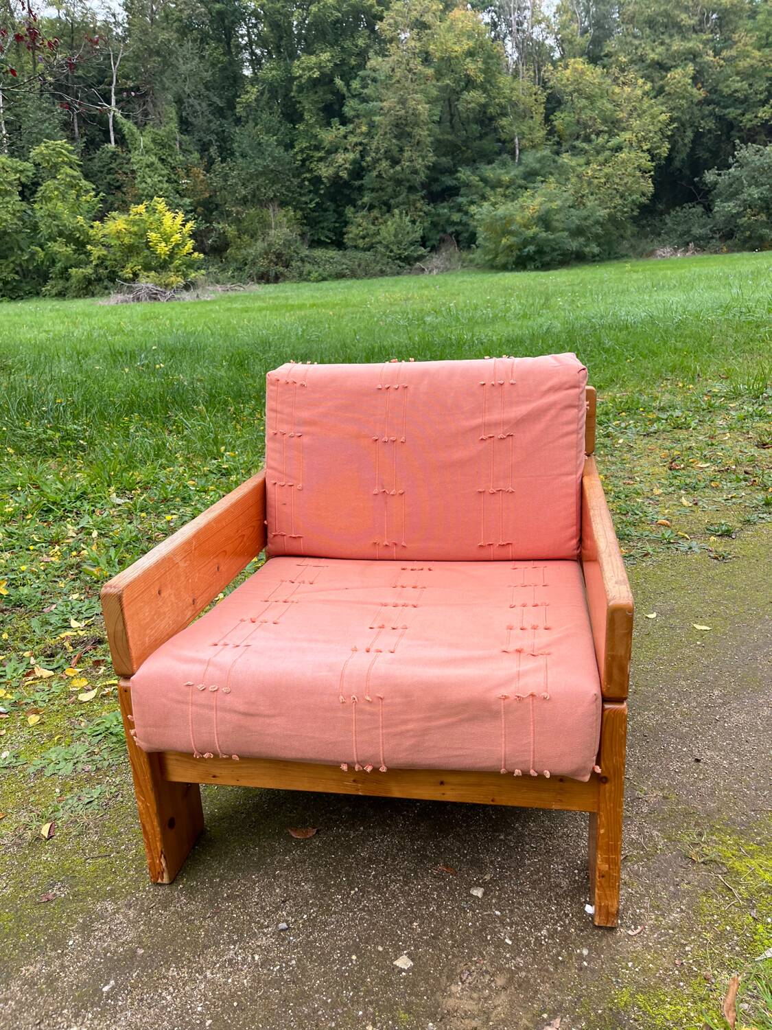 70s pine designer armchair, Perriand style