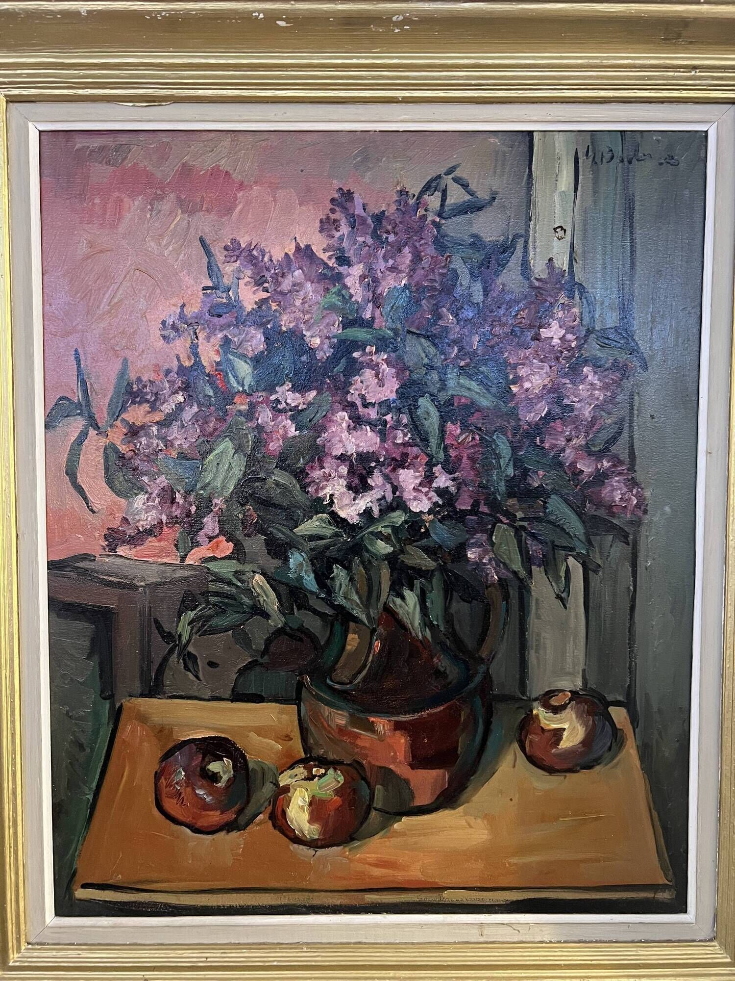 Painting, still life with lilacs, bouquet of flowers