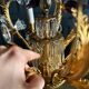 Lustrous pagoda from Maison Baguès in gilded bronze with a decoration of flowers and fruits in glass - 20th century