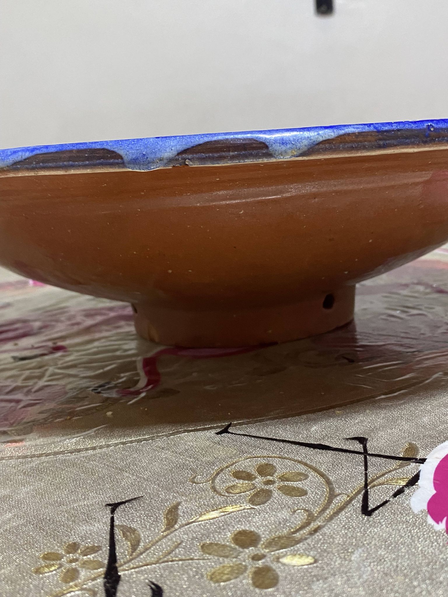 Moroccan dish in handcrafted sculpted ceramic, blue geometric patterns and
