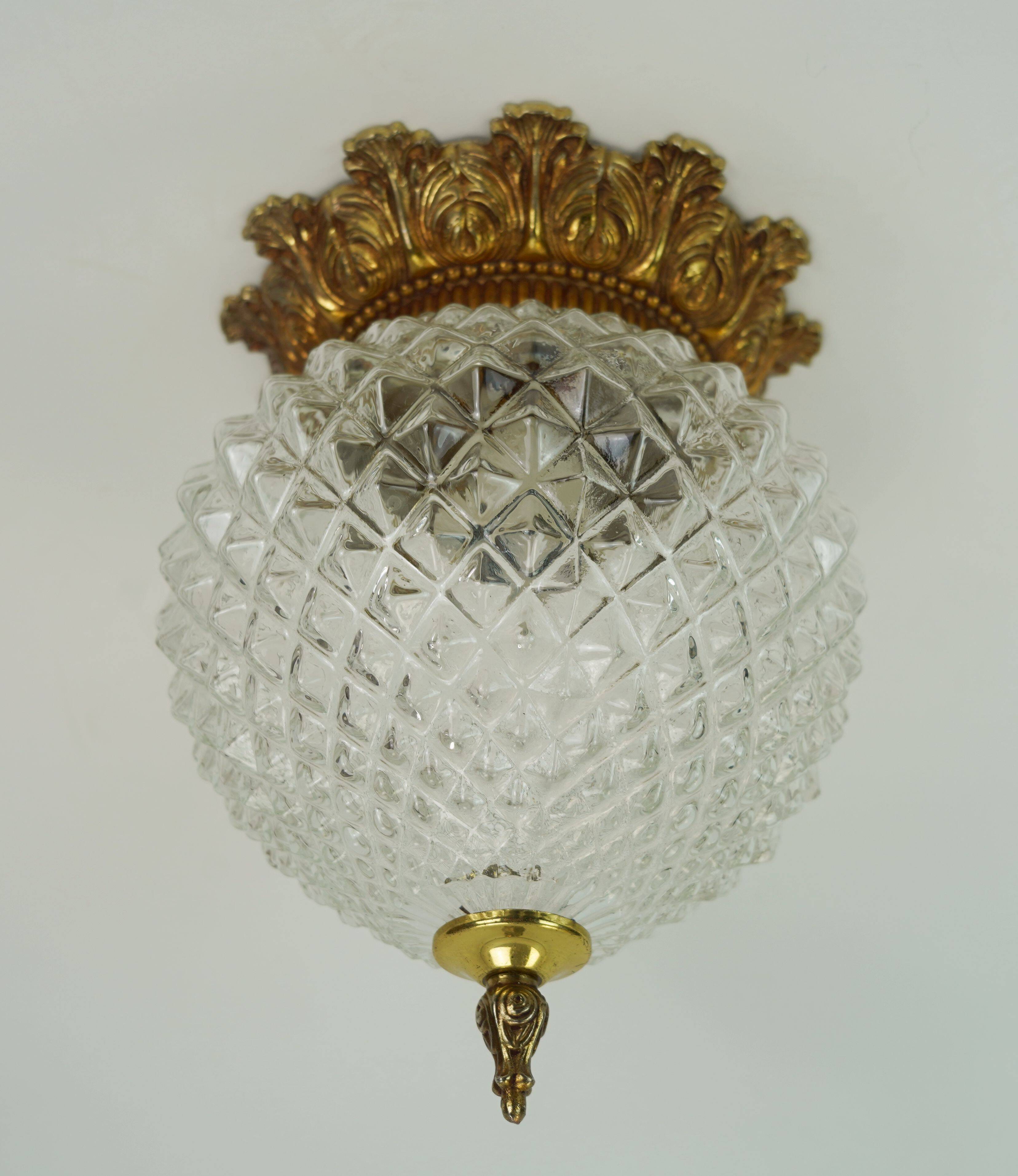 Midcentury ceiling light massive belgium textured glass gold-plated alu 70s