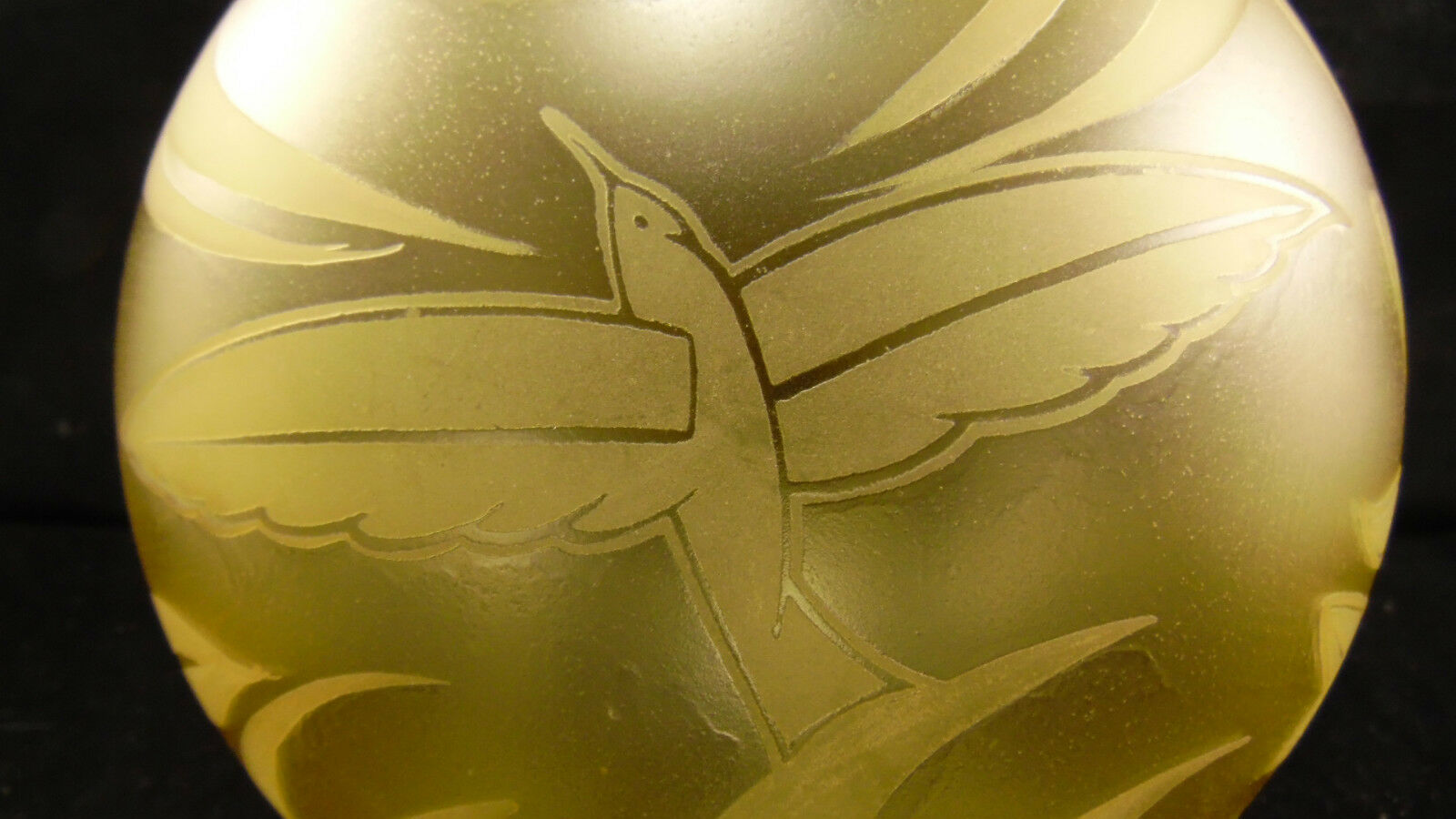 Acid engraved glass ball decorated with birds and geometric art deco