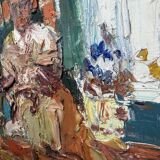 Vintage figurative painting – Man in an interior – oil on canvas signed