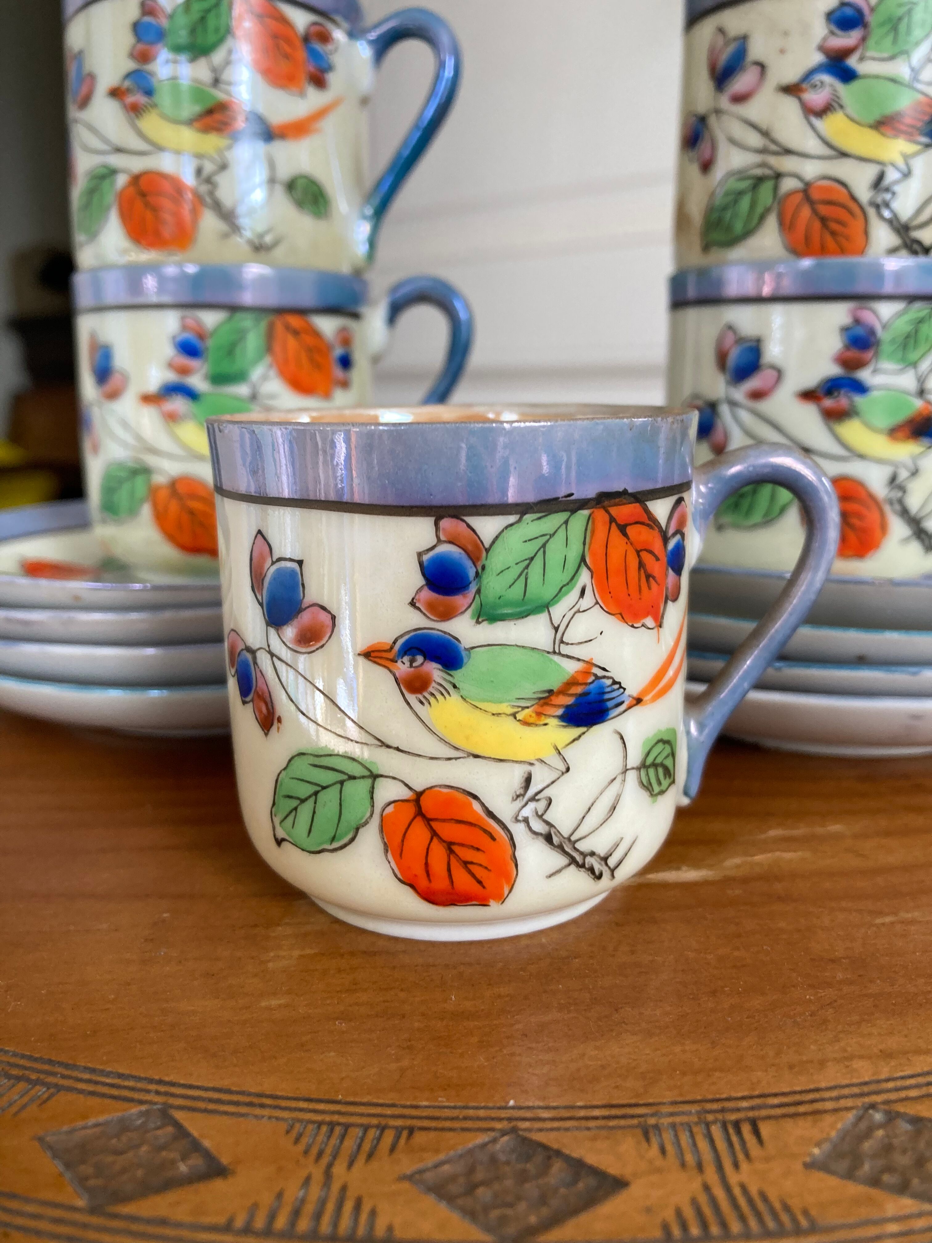 7 cups 1950 enamelled china saucers coffee or tea painted decoration birds
