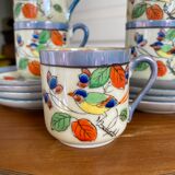 7 cups 1950 enamelled china saucers coffee or tea painted decoration birds