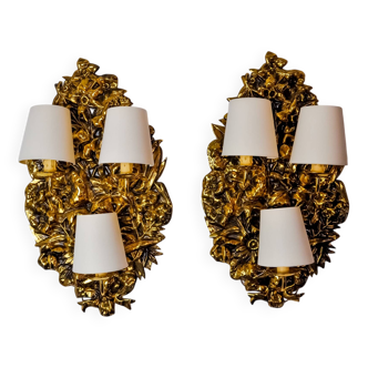 Paire d'appliques Frolaes par Italo Valenti, laiton Espagne 197