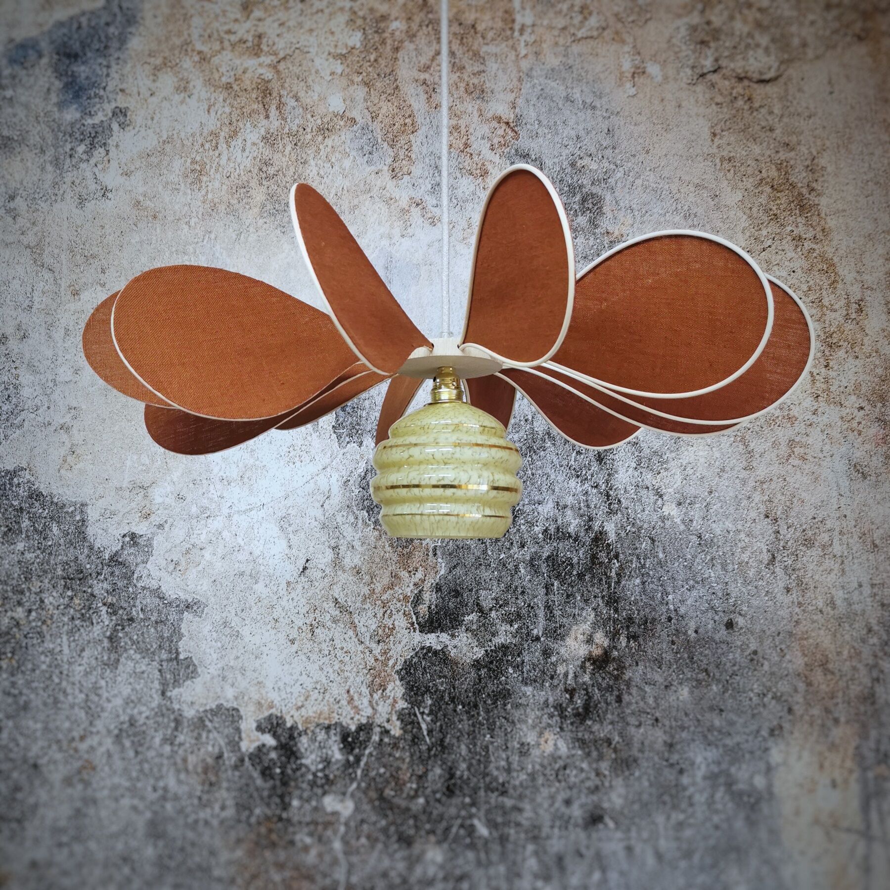 Pendant light flower 12 blades linen, rattan and globe in glass of Clichy