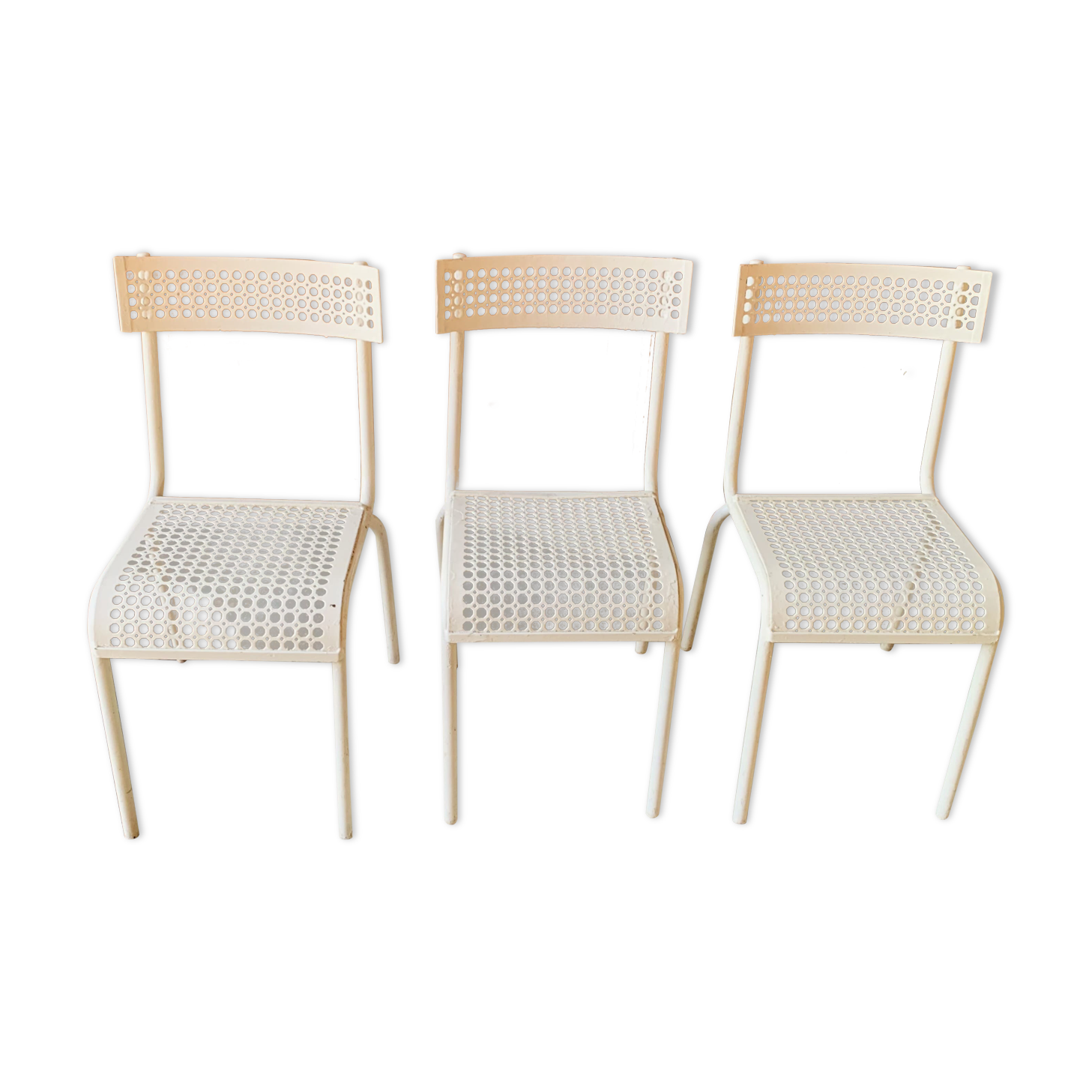 Series of 3 perforated metal chairs