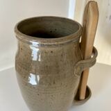 Old varnished stoneware pickle pot with tongs