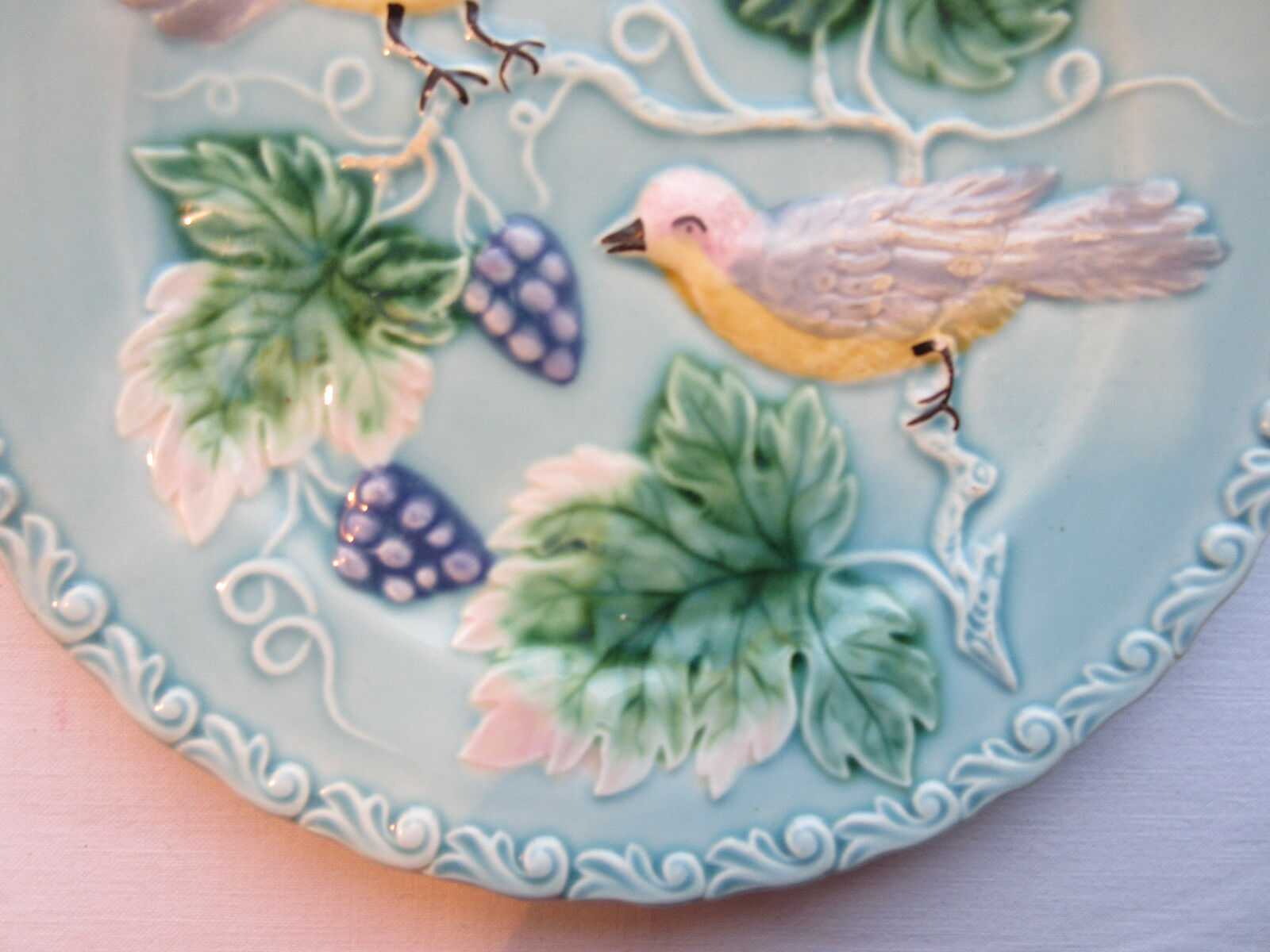 Dabbling Plate Made in Germany: 2 Perched Birds Pecking Grapes