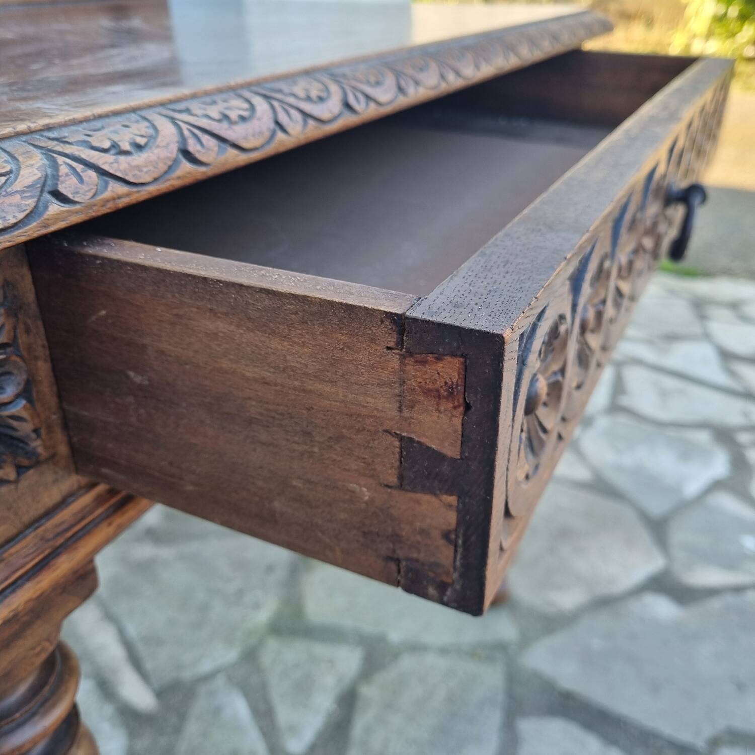 Carved oak desk from Brittany, early 20th century.
