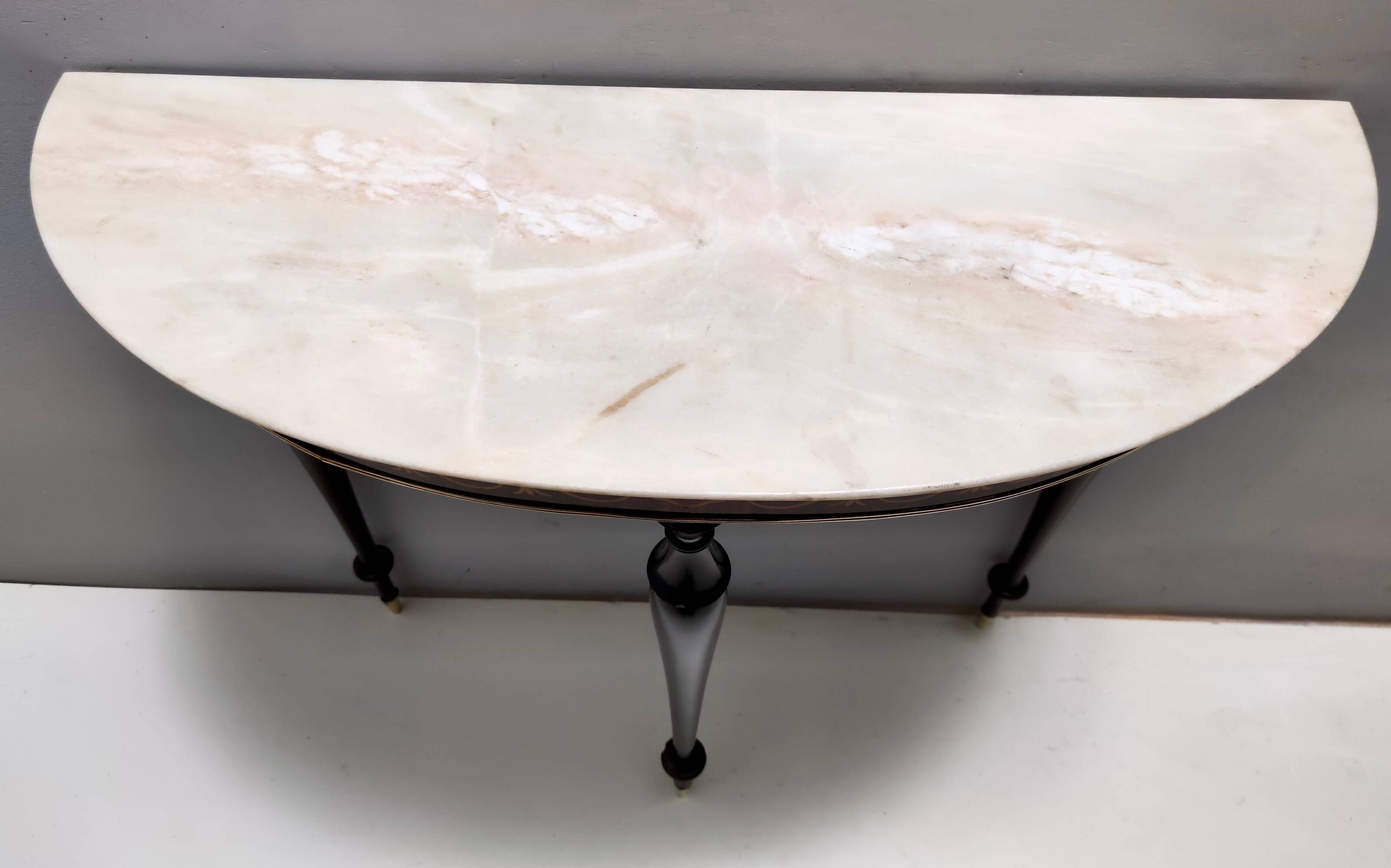 Beech and Black Walnut Console Table with a Demilune Marble Top