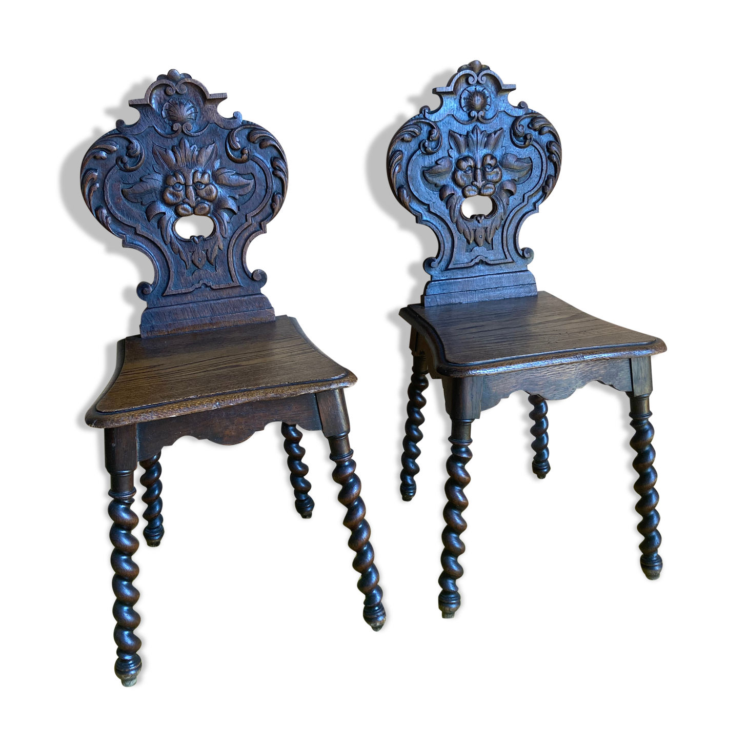 Duo of carved wooden chairs