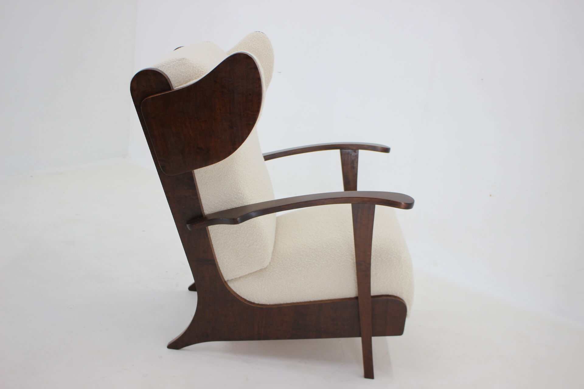 1940s large wing chair in wool boucle, restored