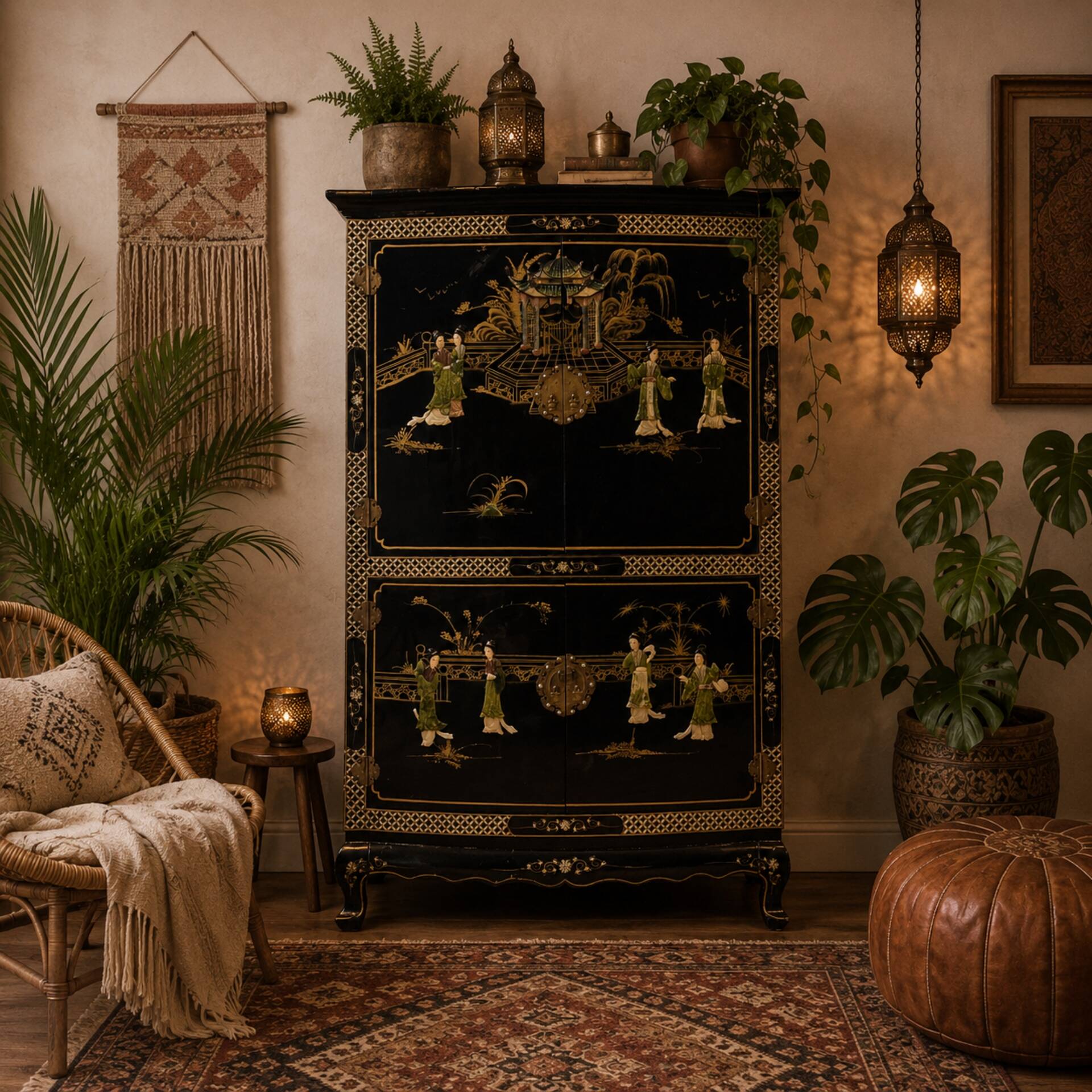 Vintage Chinese black lacquer cabinet soapstone, mother-of-pearl bohemia