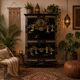 Vintage Chinese black lacquer cabinet soapstone, mother-of-pearl bohemia