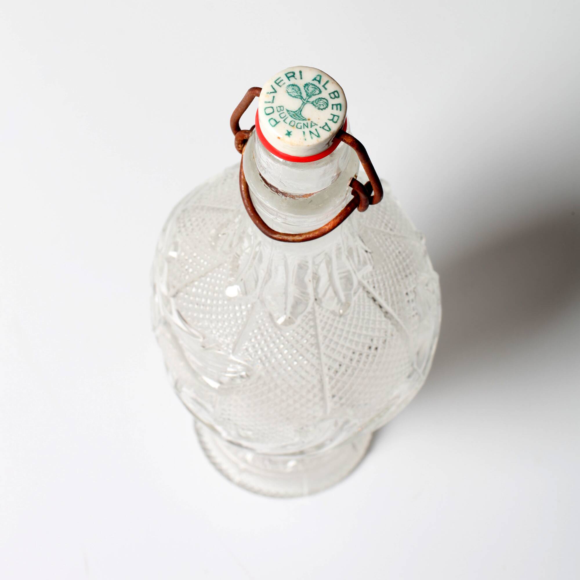 Italian Glass Bottle with Ceramic Stopper / Polveri Alberani / 1950s–1970s