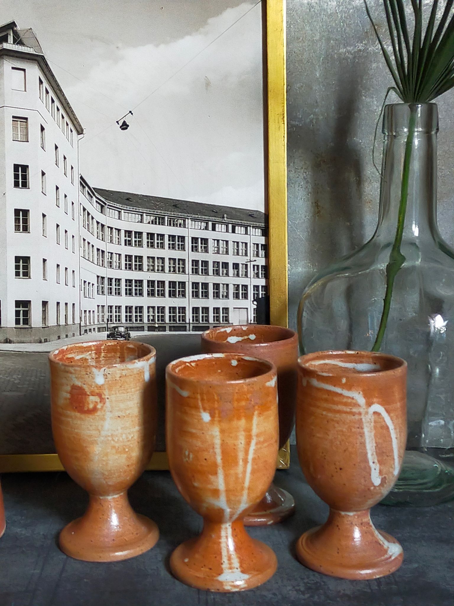 Four potter's mugs turned in vintage light stoneware