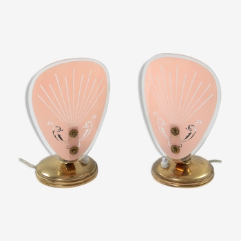 Ensemble de 2 lampes de table en verre rose du milieu du siècle, années 1950