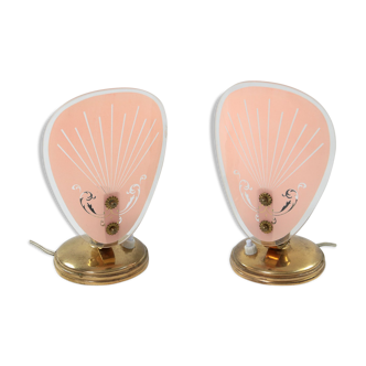 Ensemble de 2 lampes de table en verre rose du milieu du siècle, années 1950