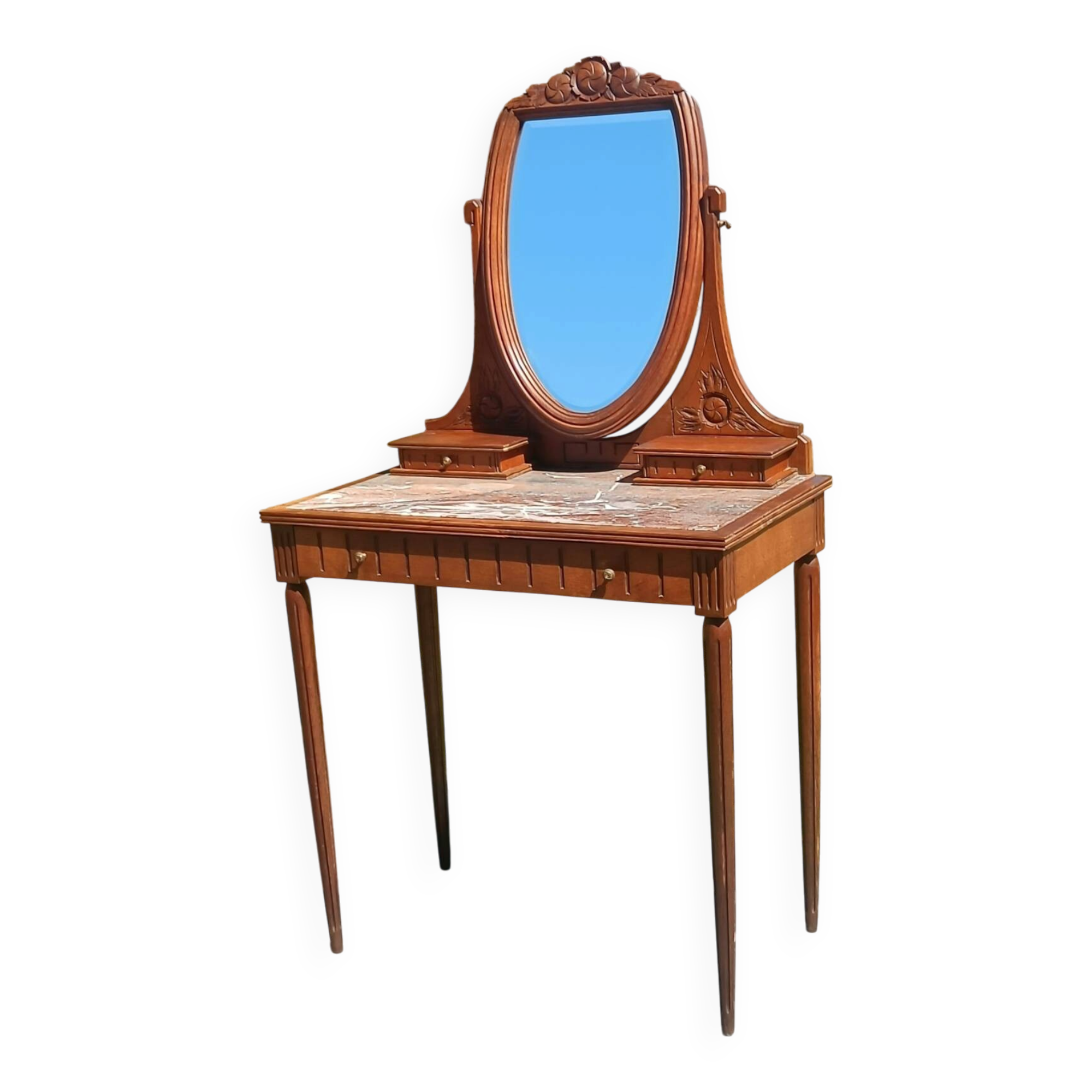 Art Deco oak dressing table, marble top and swivel mirror.