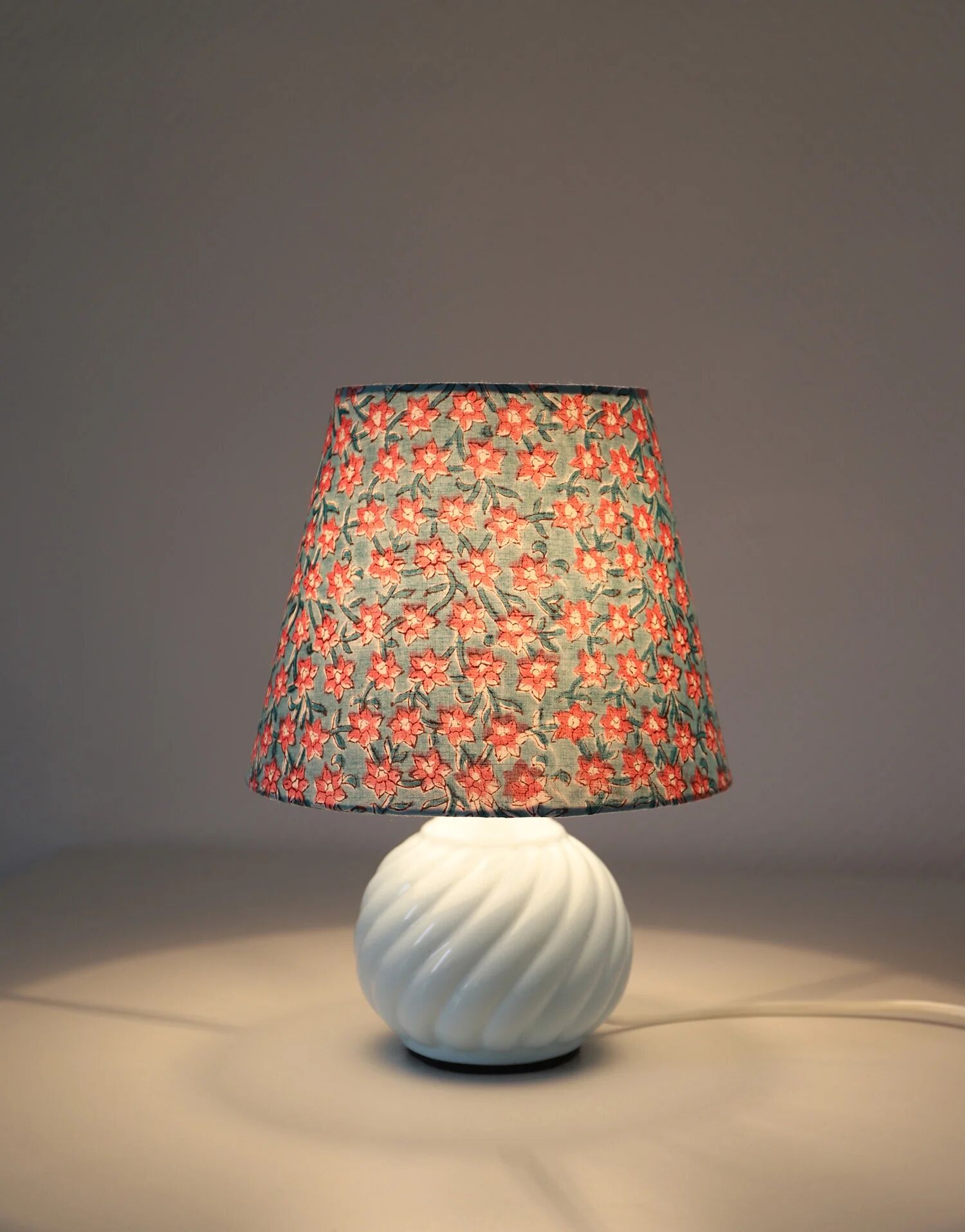 Recycled vintage lamp — twisted blue ceramic base, floral shade