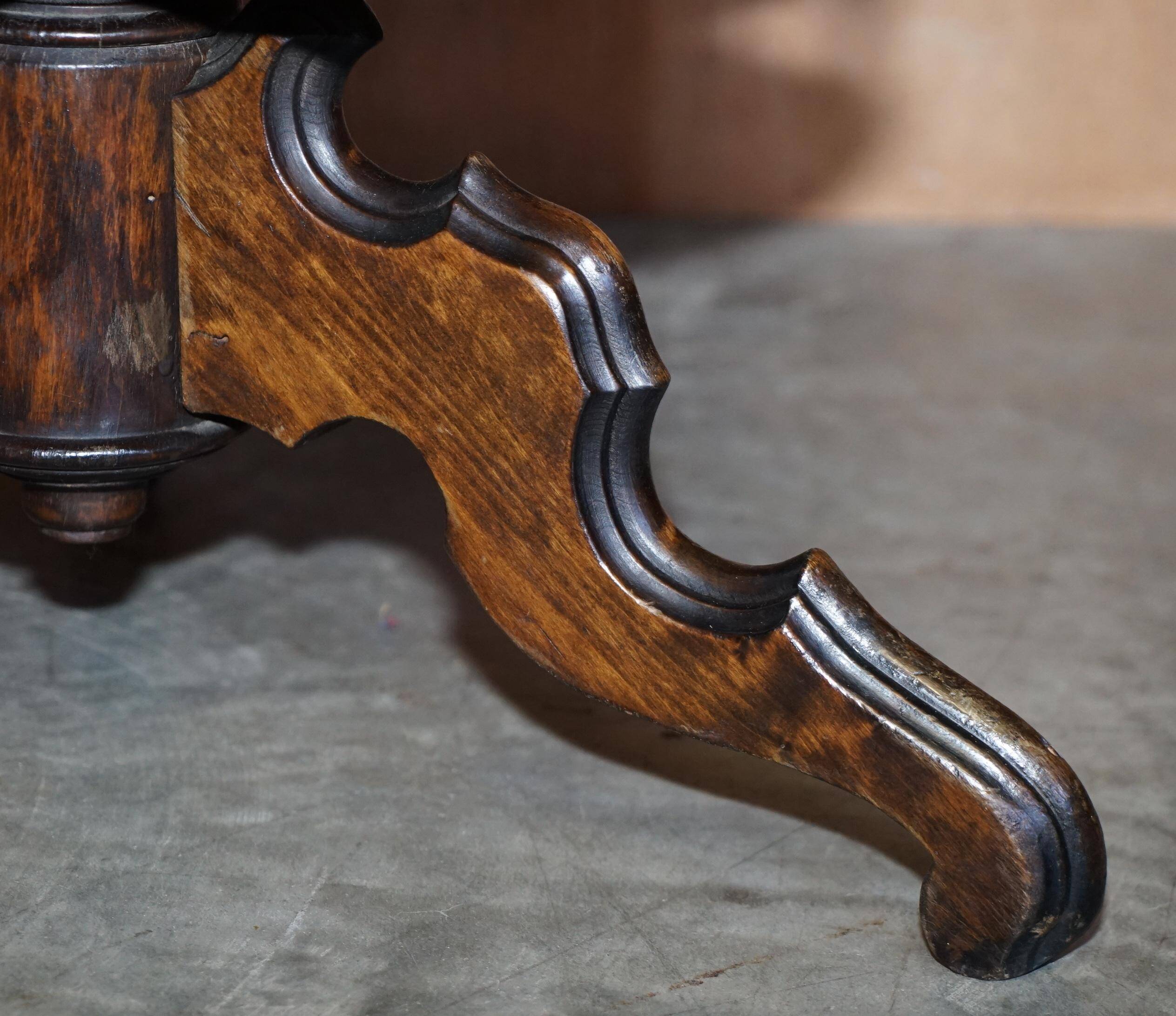 Victorian oak library table, two levels, pokerwork top.