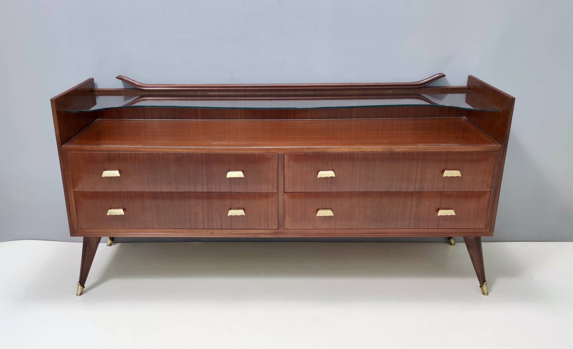 High-Quality Walnut Chest of Drawers with a Thick Glass Top, Italy