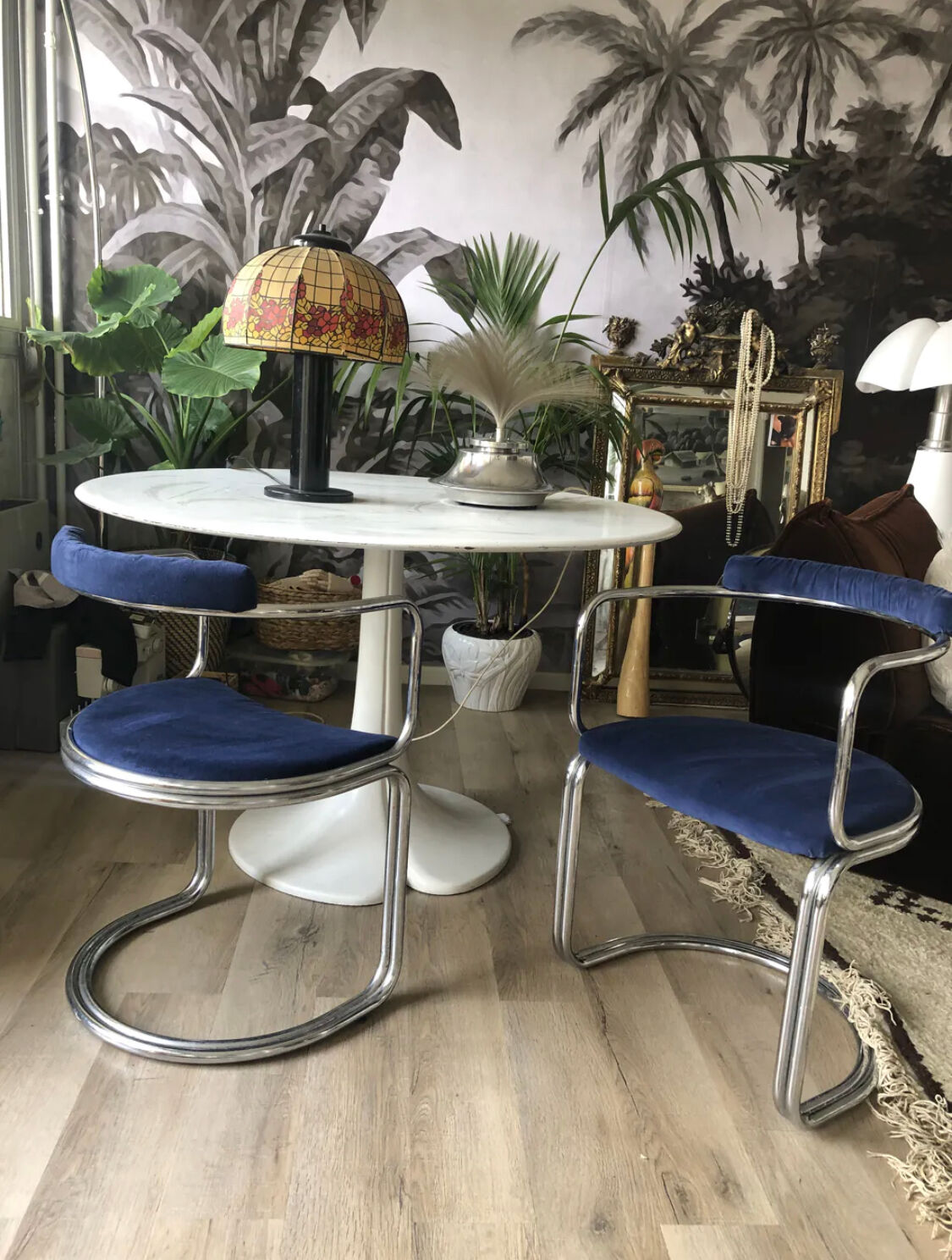 Set of four vintage chrome and velvet chairs