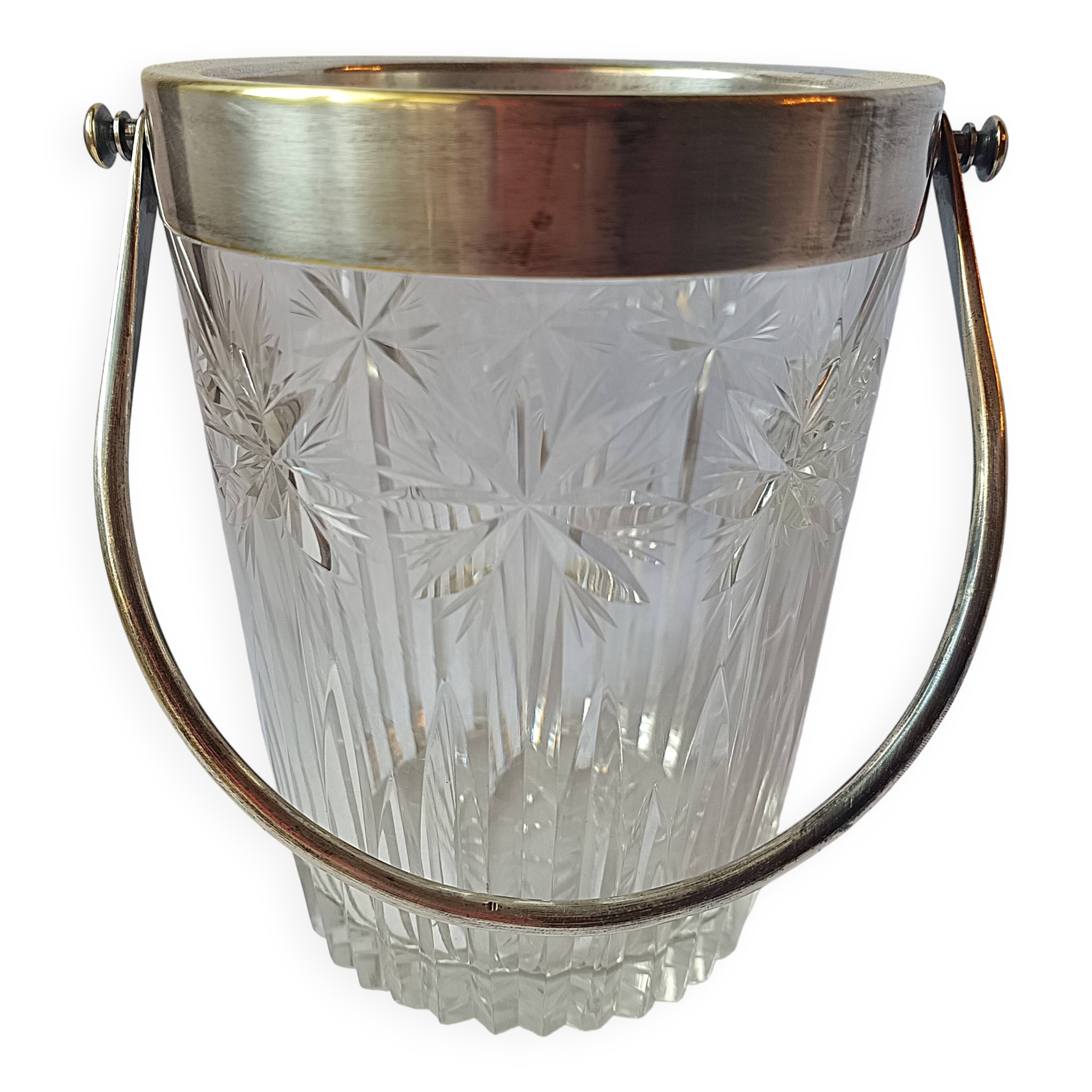 Cut crystal ice bucket, silver-plated metal, marked, cooler service.